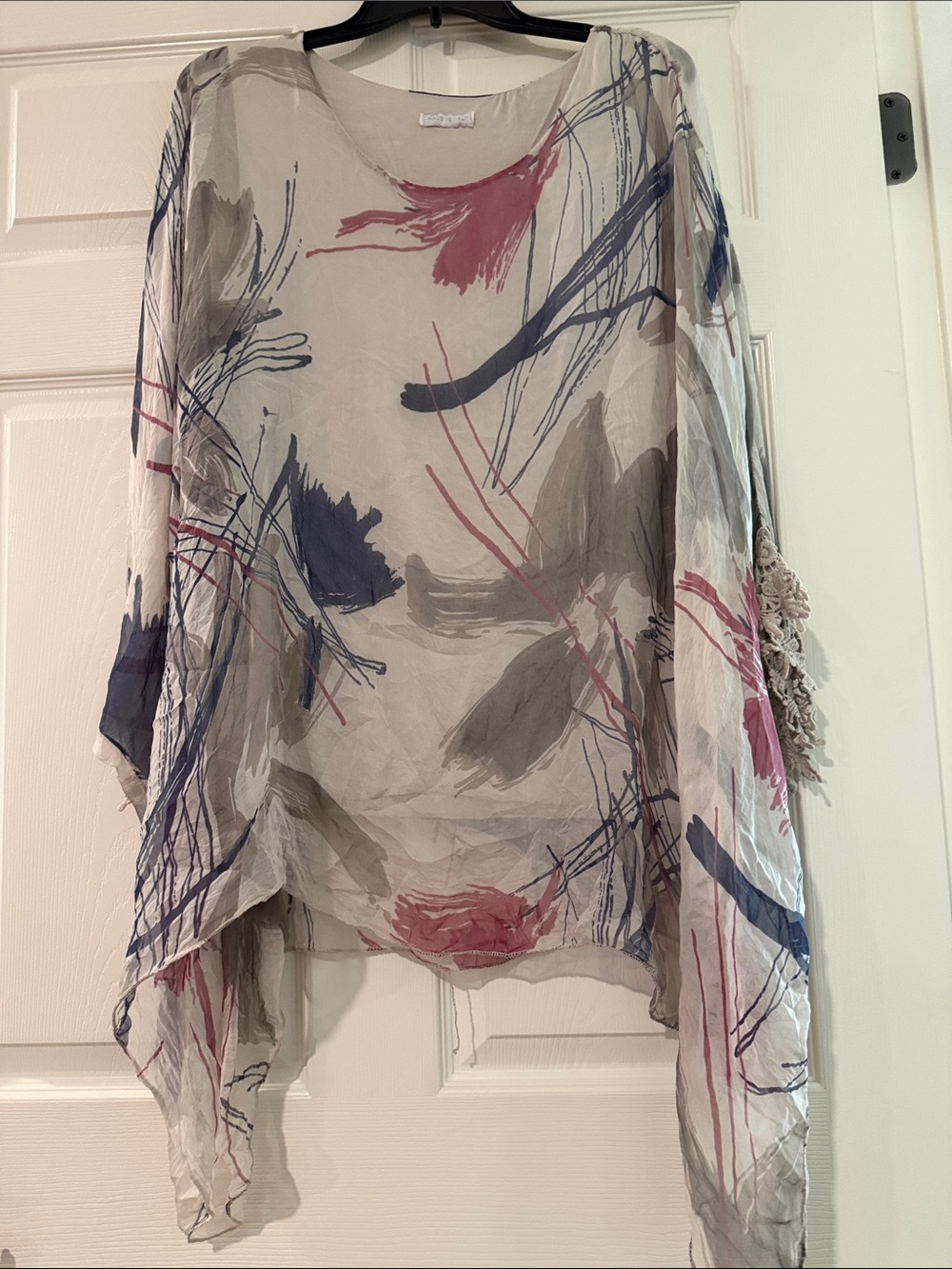 Sheer Abstract Brushstroke Kimono Top in Taupe, Navy & Dusty Rose
